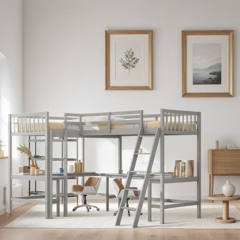 [2 Beds in 1] Wood Twin Size LShaped Loft Bed with Ladder and 2 Built